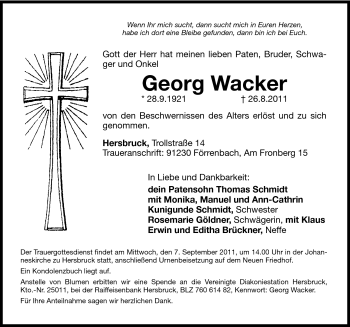 Traueranzeige von Georg Wacker von Hersbrucker Zeitung